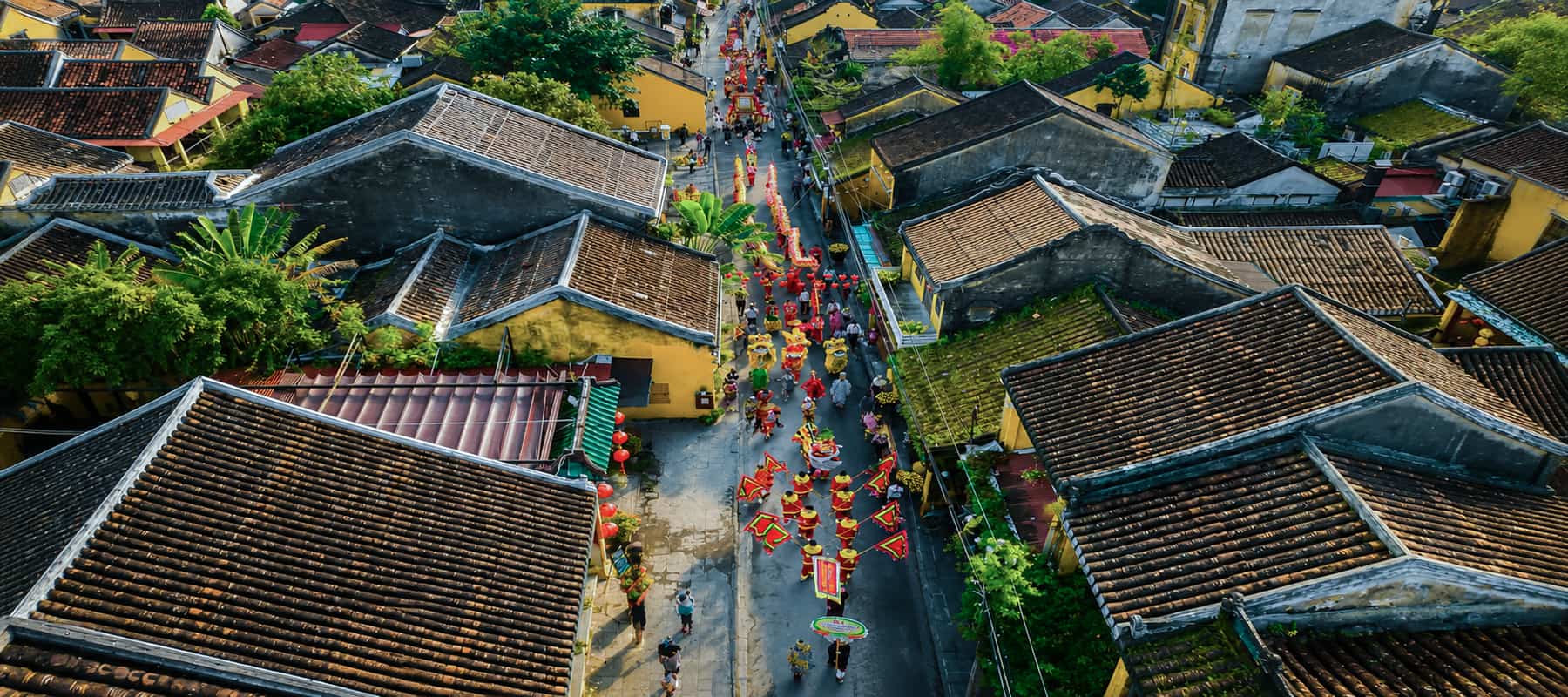 Aerial view of the Lantern Festival procession in Hoi An Ancient Town, Vietnam